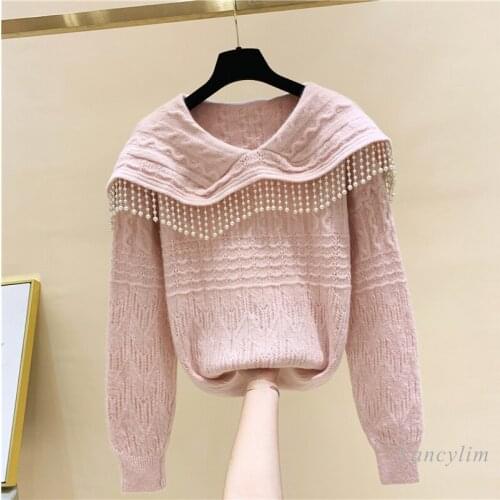 Beads Tassel Doll Collar Pullover Loose Sweater for Women 2021 Spring Autumn New Outwear Lady Knitwear Nancylim