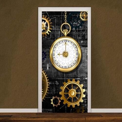 PVC Door Sticker 3D Stereo Golden Gear Clock Mural Wallpaper Retro Kitchen Restaurant Door Poster Self-Adhesive Waterproof Decal