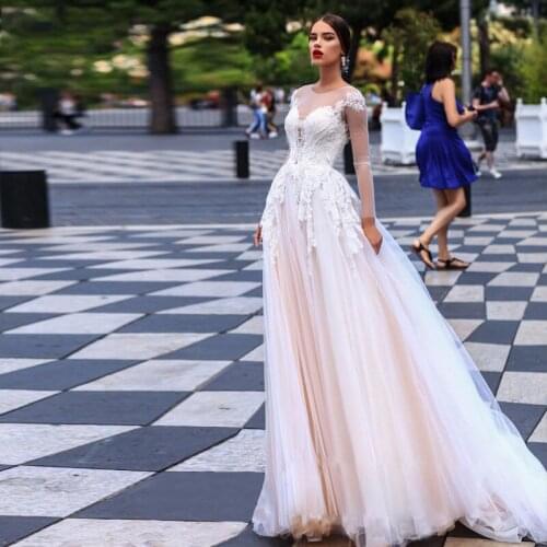 Pink Elegant Tulle Sweetheart Wedding Dress White Ivory Long Sleeve Bridal Dresses Lace Wedding Gown Vestido De Noiva 2020