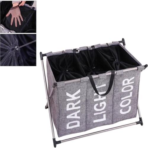 Folding Water Proof Bedroom Dirty Clothes Storage Hamper Separation 3 Bag Laundry Drawstring Basket Sorter with Hanging Handle