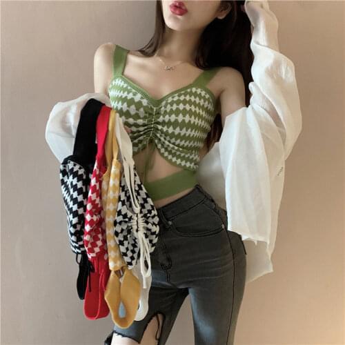 Women Tanks Tops Black and White Rhombus Drawstring Camisole Summer 2021 Sleeveless T-shirt Top Female Camis Crop Top For Women