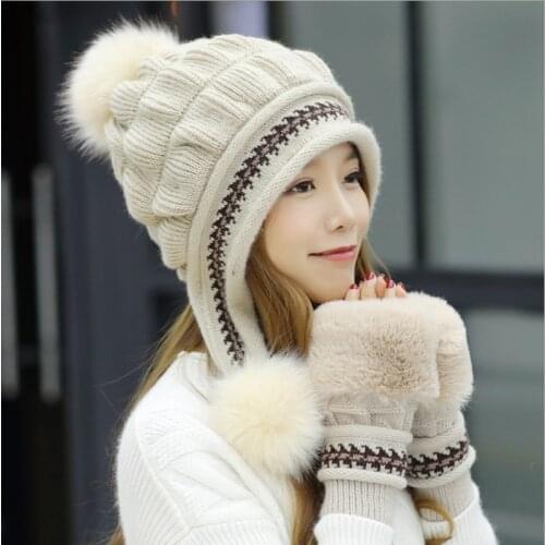 Sweet Girls Thicken Ski Cap New Fashion rabbit Fur PomPoms Winter Women Beanie Hats Female Skullies Warm Gloves + Knit Hat Set
