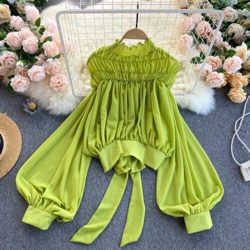 Fashion Chiffon Blouse Women 2021 New Spring and Summer Tops Pleated Elastic Stand Collar Lantern Sleeve Shor Shirt Crop Top