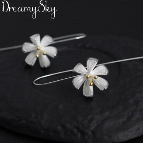 DreamySky Silver Color Long Lotus Flower Drop Earrings For Women Party Jewelry Gift Pendientes