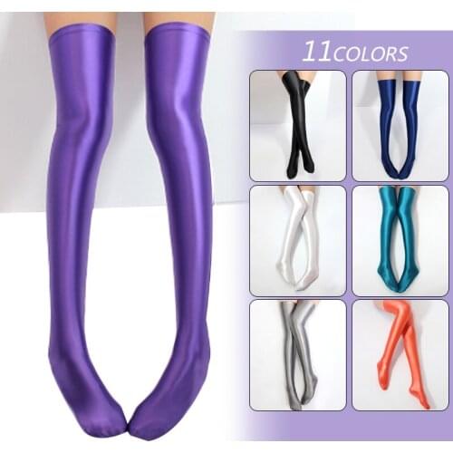 Women Sexy Oil Glossy Stockings Spandex Stretch Shiny Opaque Thigh High Socks Non-slip Stockings Dance Hosiery