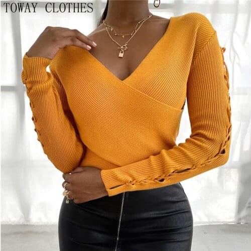 Women V neck sexy knitted orange sweater Winter autumn bodycon lace up pullover streetwear