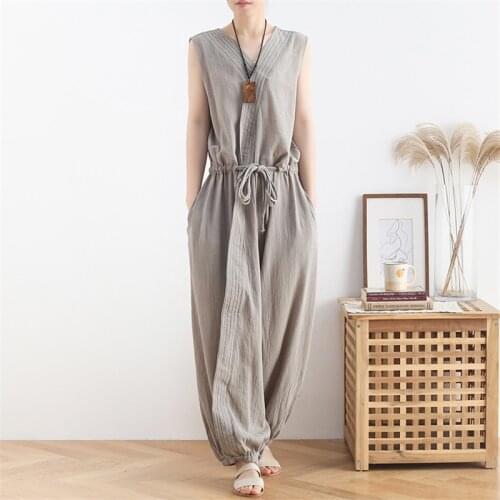Johnature Women Cotton Linen Jumpsuits Vintage Loose Solid Color 2021 New Summer High Quality Sleeveless Women Casual Jumpsuits