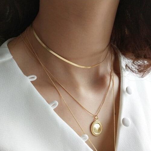 925 Sterling Silver Clavicle Short Flat Snake Chain Necklace Girls Golden Round Mirror Pendant Rose Flower Necklace Choker