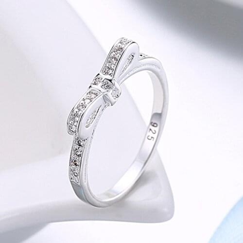 Charm 925 Sterling Silver Rings For Women Simple Bowknot crystal size 6/7/8/9 Fashion Party Gifts Girl student wedding Jewelry