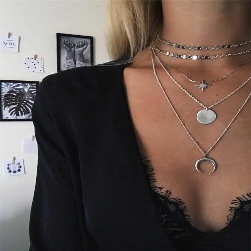 Vintage Geometric Free Style Necklaces For Women Boho Fashion Star Moon Round Sequins Pendant Necklace Jewelry Party Gift