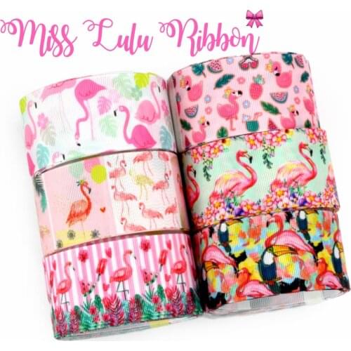 16mm-75mm Pink Flamingo Series Fruits Pineapple Watercolor Printed Grosgrain/Foe Ribbon Hair Bow Making 50yards/roll Pink Stripe