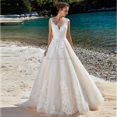 2020 Elegant Tulle O-Neck A Line Wedding Dresses Vintage Lace Appliques Formal Wedding Bridal Gowns White Ivory Vestido De Festa