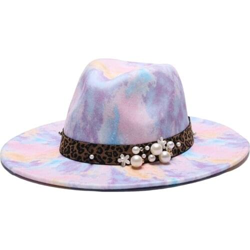 2021 fedoras hats for women men caps wide brim Tie dye winter with gem hat panama fascinator multicolor blue white felted hats