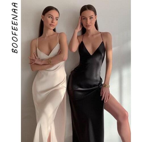 BOOFEENAA Sexy Black Satin Open Back High Split Maxi Dress Summer Clothes for Women Party Bridesmaid Evening Dresses C76-CB19