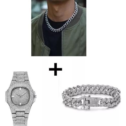 Watch+Necklace+Bracelet Hip Hop Curb Cuban Chain Gold Iced Out Paved Rhinestones CZ Bling Rapper For Men Jewelry