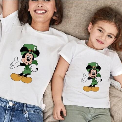 Summer Family Matching Clothes Mickey Mouse Disney Cartoon Print Short Sleeve White O-neck Mommy And Me Tshirts Mother&Kids Tops