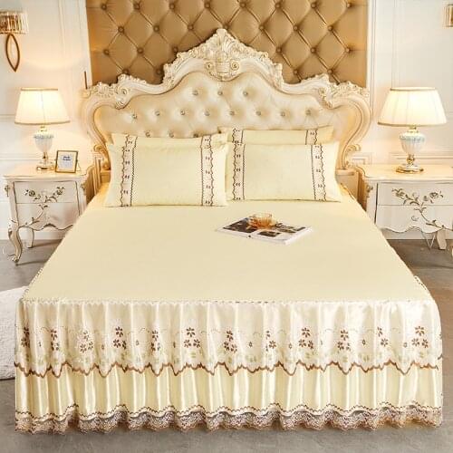 3pcs Bed Skirt+Pillowcase Set Beige Luxury Princess Lace Mattress Cover Bedlinen European Bedspread Full 200*220cm Home Textile