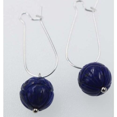 Blue lapis lazuli round carved 10mm round hook earrings FPPJ wholesale beads