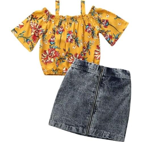 2PCS Toddler Baby Girl Summer Clothes Floral Tops Blouse+Denim Skirt Outfits Set Summer Children Girl Clothing