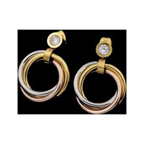 Fashion Simple Tricolor Steel Circle Earrings Inlay Single CZ Crystals Platting Gold Tricyclic Stud Earrings Jewelry for Women