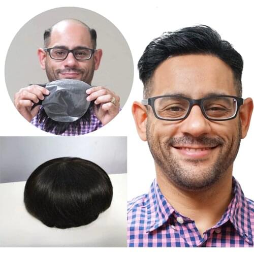 Mens 100% Human Hair Toupee For Men PU With Lace Human Hair Toupee Lace+Weft Base Replacement System Breathable Hairpiece Hair