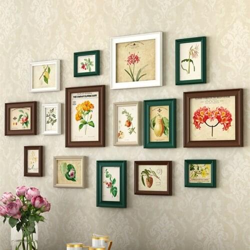 Retro Flower Pattern Wall Hanging Picture Frames Set 15pcs Multi Color Wooden Photo Frames Photo Frame Combination cadre photo