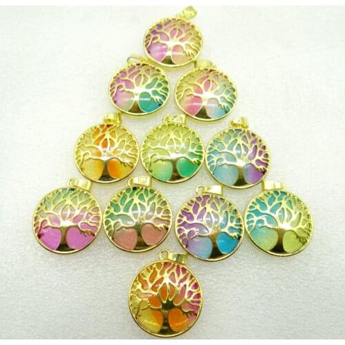 Natural Stone Turquoises Quartz Crystal tigerOpaleye Tree of Life Round Shaped charm pendant for diyJewelry making necklace10pcs