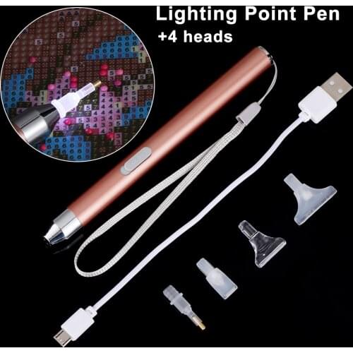 2020 New USB Rechargeable Lighting Point Drill Pen With 4 Heads 5D Diamond Painting Embroidery Accessories DIY Tools