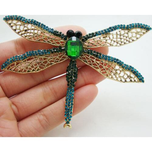 Charming Green Dragonfly Gold Tone Art Style Brooch Pin Rhinestone Crystal