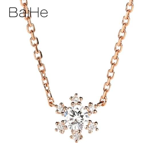 BAIHE Solid 18K Rose Gold 0.15ct Round H/SI Natural Diamond Engagement Trendy Fine Jewelry Beautiful flower diamond Necklaces