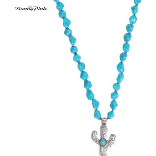 Banny Pink Indian Irregular Stone Beads Strand Sweater Chain Necklace For Women Vintage Cactus Pendant Necklace Beads Necklace