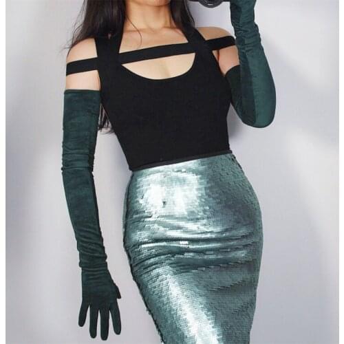 Womens faux suede leather dark green long gloves female sexy club party dress fashion long glove 70cm R1304