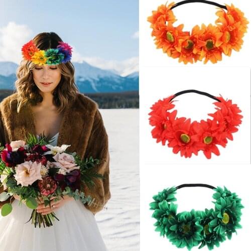Sunflower Crown Boho Style Headband Hair Decor Accessory Wedding Festivals Floral Hair Band with Adjustable Elastic Ribbon Daisy