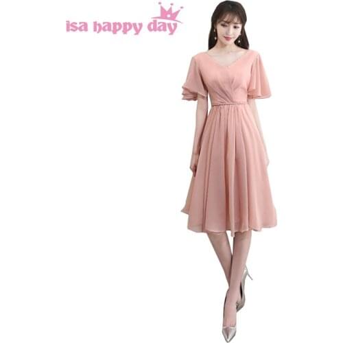 Blush pink fashion v neck bridesmaid party dresses tea length chiffon bridesmaides dress with sleeves for wedding guest H4250