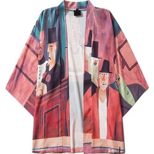 New Casual Loose Kimono Shirts Men Open Front 3/4 Sleeve Japanese Kimono Anime Print Cover Up Cardigan Handsome Anime Clothing