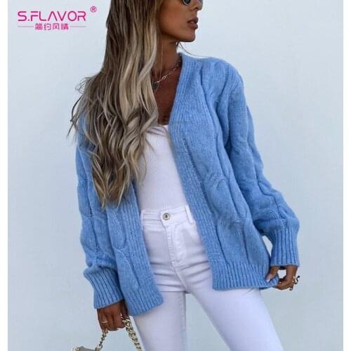 S.FLAVOR Female Cardigan Long Sleeve Loose Knitwear 2021 Autumn Winter Casual Outerwear Women V Neck Fashion Knitted Sweater