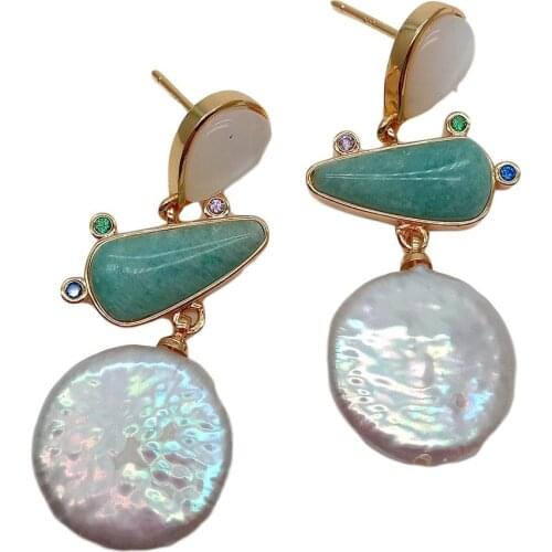 YYGEM natural Amazonite White cats eys White Coin Freshwater Pearl stud Earrings gold Filled geometric earrings for women