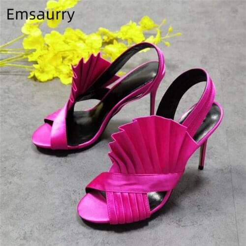 Sexy Satin Ruffles Sandals For Girls Women 10cm Thin High Heels Side Fretwork Open Toe Pleated Party Shoes Summer Sandalias