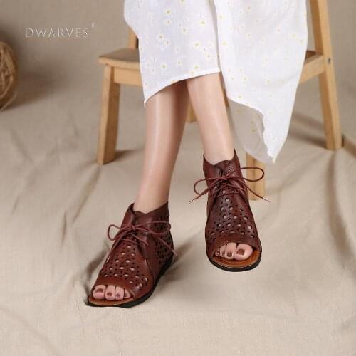 Handmade Retro Leather gladiator boots For Women Lace Up Summer Sandals Open Toe Coffee/Brown