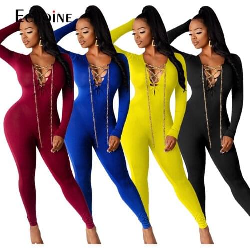 Echoine Fitness Jumpsuit Women Sexy Bodycon Chain Lace Up Long Sleeve Romper Elasticity Playsuit Streetwear Jumpsuits Body Femme
