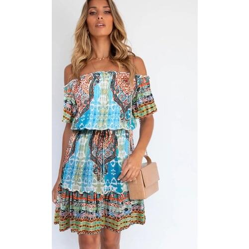 Summer Boho Woman Dress Sexy Off Shoulder High Waist Ruffle Print Mini Elegant Dresses For Women 2021 Ladies Beach Short Dress