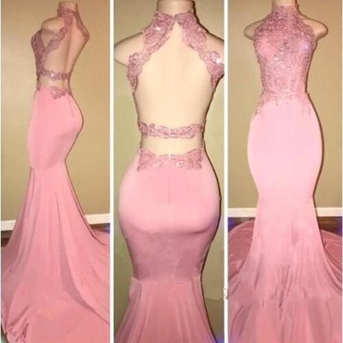 Pink Prom Dresses Mermaid High Collar Appliques Lace Backless Party Maxys Long Prom Gown Evening Dresses Robe De Soiree
