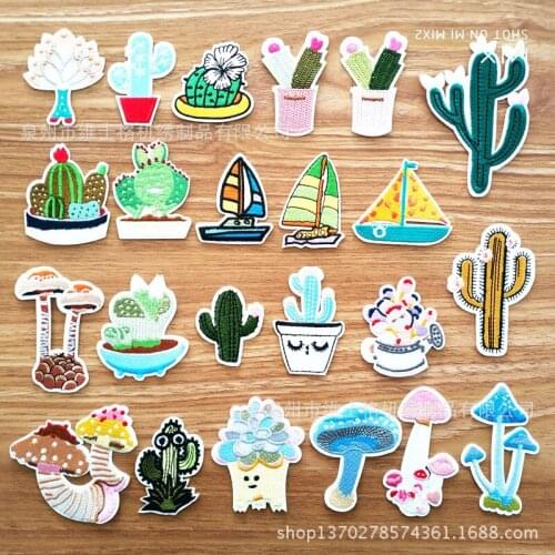 100pcs/lot Most Free Shipping embroidery Iron Patches Mushroom Cartoon Cloth Cactus Sailboat Iron backpack Sewing Accessories