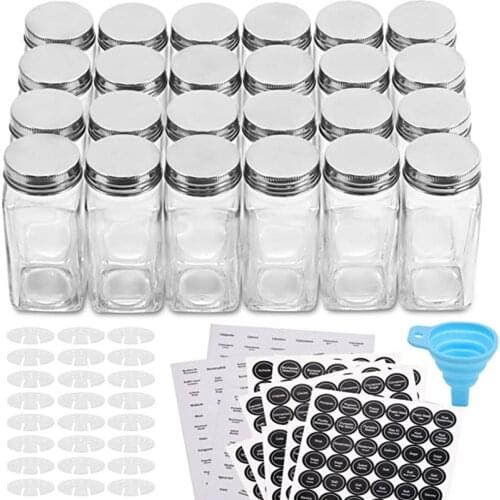 12 glass spice jars/bottles-with 20 spice labels-shaker caps and sealed metal caps-includes silicone collapsible funnel