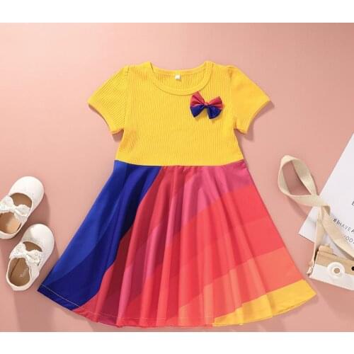 27Kids Fashion Summer Bow-knot Short Sleeve Dress for Girls Clothes Color A-line Skirt Party Style 2-6Years