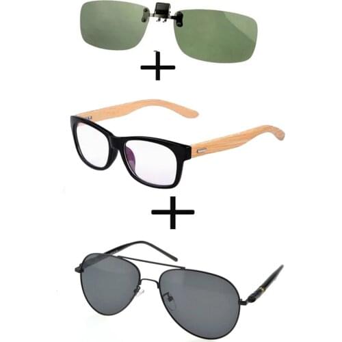 3Pcs!!! Comfortable Wooden Squared Frame Reading Glasses for Men Women + Polarized Sunglasses Thin Leg Metal + Sunglasses Clip