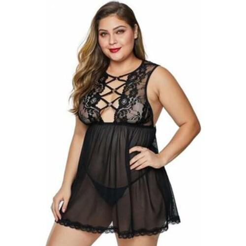 5XL Plus Size Night Dress Lace Womens Sleepwear Push Up Bow Nightgown V-Neck Lingerie Mini Dress Black Porno See-Though Gowns