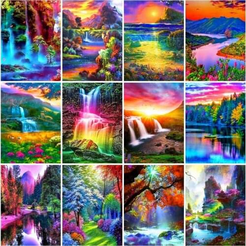 AZQSD Diamond Painting Waterfall Landscape 5D Diamond Embroidery Full Drill Sunset Mountain Picture Of Rhinestone Decor Home