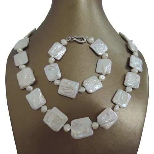 Free shipping rectangle baroque pearl jewelry set 100% NATURE FRESHWATER Baroque PEARL-50 cm CHOKER pearl necklace WITH BRACELET