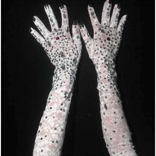 Black White Wedding Gloves Mesh Stretch Rhinestones Crystals Long Mittens Singer Dancer Show Performance Stage Accessories